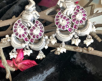 Pure Silver Elephant Earrings, Kemp & Kundan Stones, South Indian Jewelry