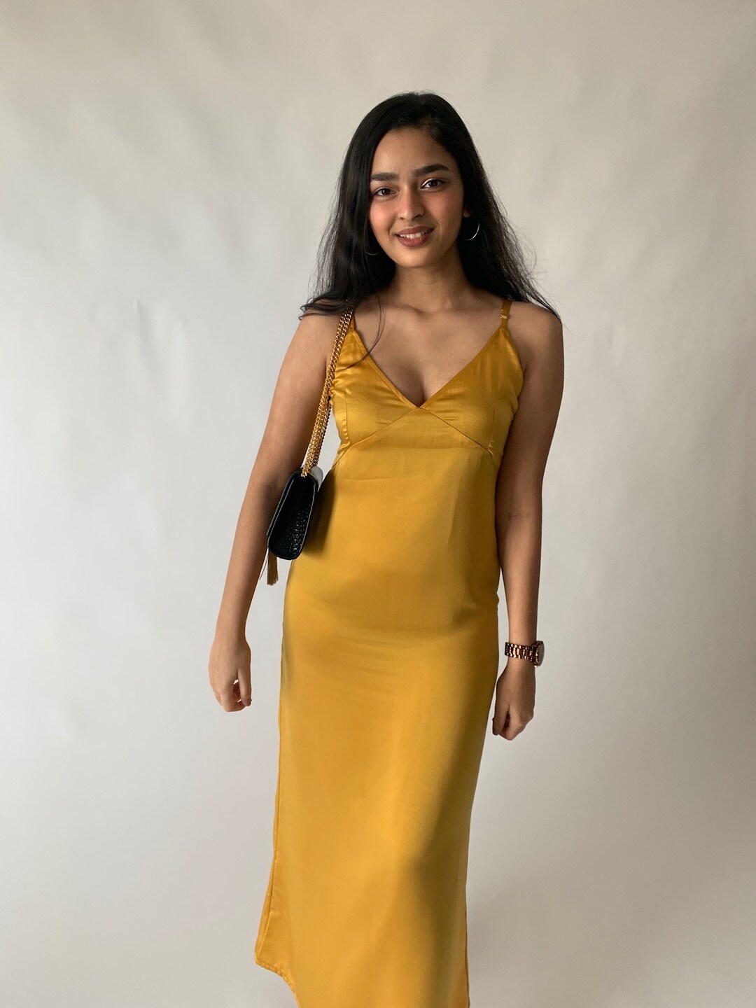 chinese dress ladies Mustard Yellow Satin Backless Dress With Sleeves – Lisposa