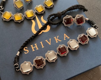 Statement Multicoloured Stones Necklace with Studs/ Antique Jewellery/ Antique Choker Set/ Oxidised Jewellery