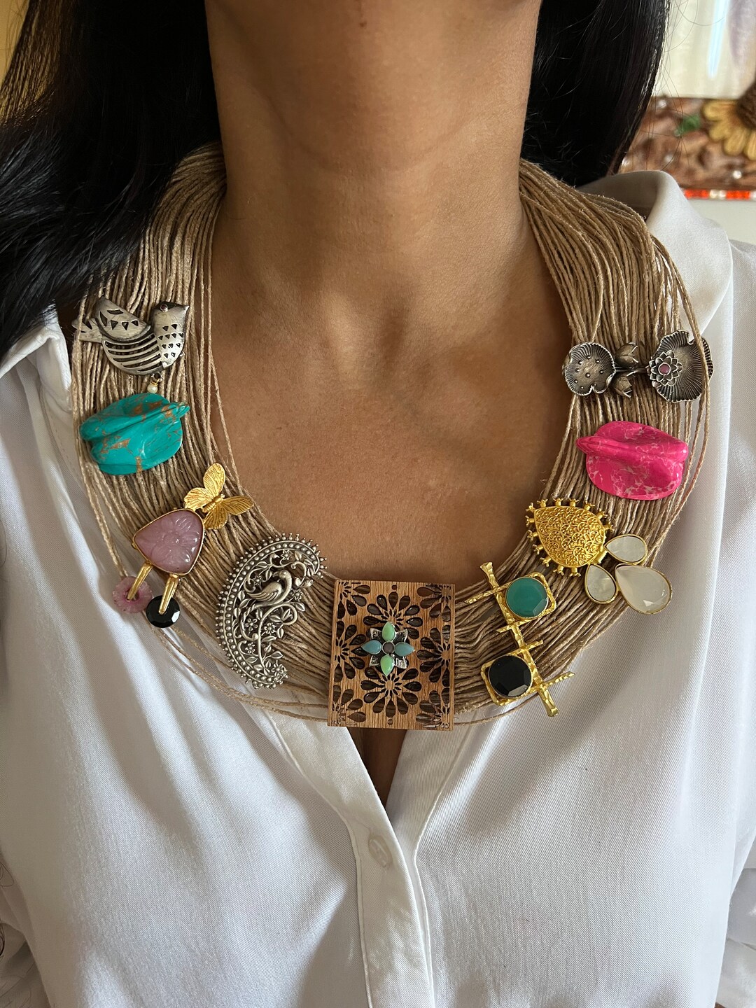 Designer Embellished Jute Necklace Etsy