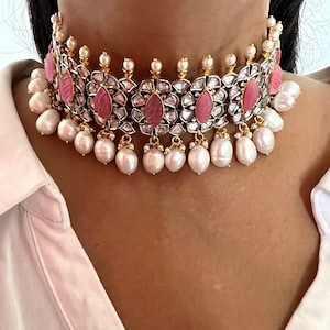 Scintillating Pink Kundan Choker with Earrings/ Wedding Choker Set/ Bridal Choker Set/ Kundan Choker Set/ Indian Kundan Jewellery