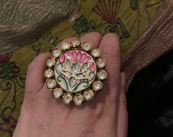 Handpainted Lotus Bloom Ring/ Wedding Ring/ Kundan Ring/ Indian Wedding Ring/ Handpainted Ring/ Designer Ring/ Bridal Ring