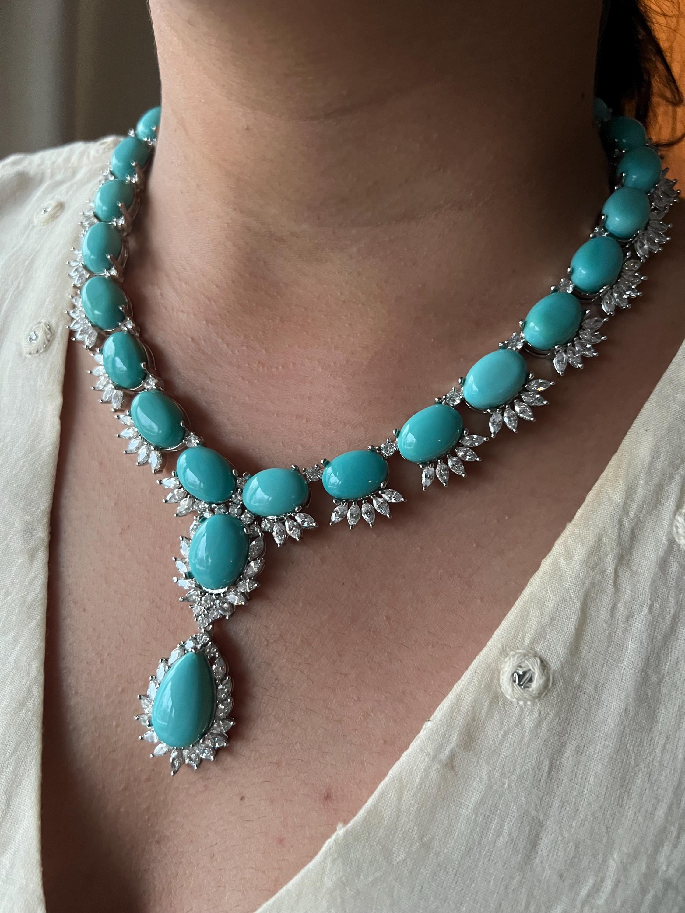 SHIVKA Turquoise Necklace Set | Faux Diamonds | Rhodium Plated - Etsy