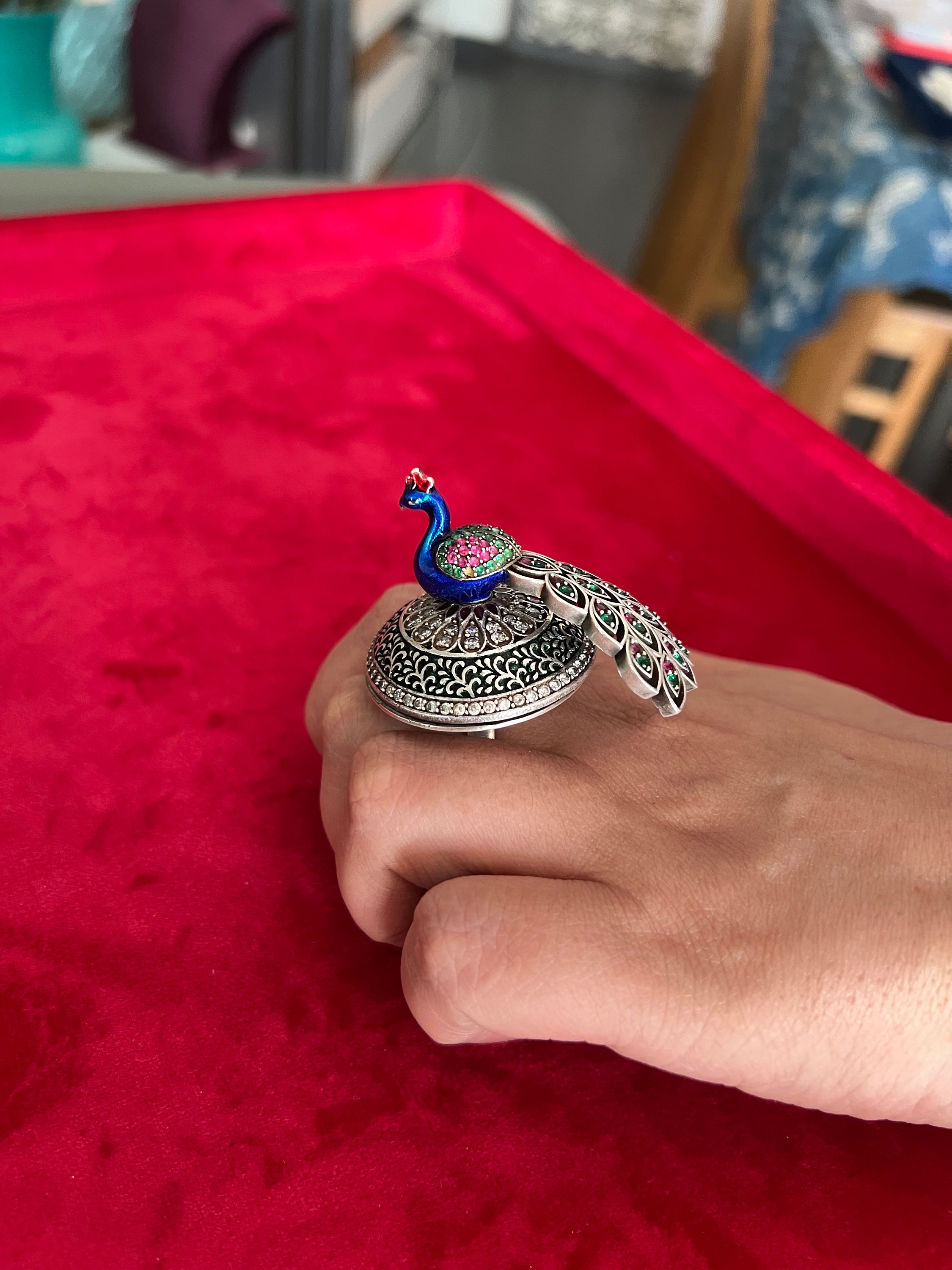 White Stone Peacock Design Silver Ring – Shasmis