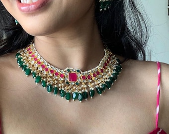 Pachi Kundan Wedding Collar Necklace with Earrings/ Wedding Jewellery/ Kundan Jewellery/ Sabyasachi Kundan Jewellery/ Bollywood Jewellery/
