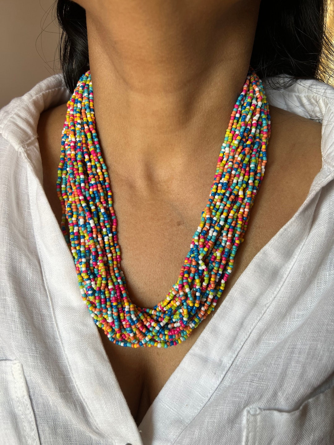 Five Strand Carved Ox Bone Bead Necklace Quartz Beads Tribal