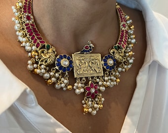 Designer Wedding Necklace with Kundan Earrings/ Antique Kempu Mayura Necklace