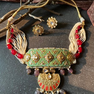 Scintillating Enamelled Kundan Choker with Studs/ Wedding Choker Set/ Bridal Choker Set/ Elegant Choker Set