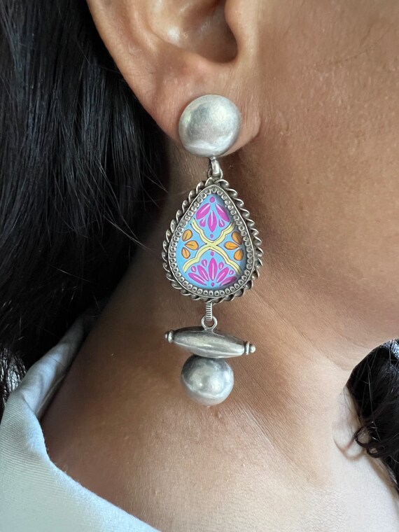 Hand painted silver earrings deals