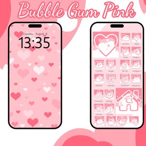 Puede incluir: Dos smartphones con un tema rosa chicle. Uno muestra la hora y la fecha, el otro iconos de aplicaciones. El fondo presenta corazones y el texto "Bubble Gum Pink".