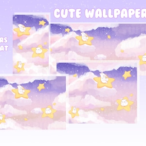 Puede incluir: Un conjunto de cinco fondos de pantalla lindos con conejos blancos sentados en estrellas amarillas en un cielo nublado morado y rosa con estrellas brillantes. El texto "CUTE WALLPAPER PACK" está en la parte superior de la imagen.