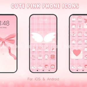 Puede incluir: Tres pantallas de teléfono rosa con iconos personalizados. La primera pantalla tiene un lazo rosa sobre un fondo rosa con la hora 11:48. La segunda pantalla tiene un icono de ala de ángel blanco sobre un fondo de cuadrícula rosa con la hora 11:44. La tercera pantalla tiene un icono de corazón rosa sobre un fondo de cuadrícula rosa con el texto "WETION". El texto "CUTE PINK PHONE ICONS" está en la parte superior de la imagen. El texto "For iOS & Android" está en la parte inferior de la imagen.