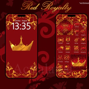 Puede incluir: Un diseño de fondo de pantalla digital para teléfono con un tema rojo y dorado. La pantalla de bloqueo muestra una corona dorada y la hora. La pantalla de inicio presenta iconos de aplicaciones con una combinación de colores dorados y rojos. El texto "Red Royalty" está en la parte superior.