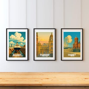 Vintage UK City Travel Posters Wall Art Set, Retro Prints of London Cambridge Edinburgh Glasgow Cardiff Belfast for Home Decor