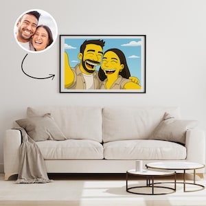Custom Simpsons Style Portrait from Photo, Personalized Cartoon Drawing of Couple Family or Friends, Funny Yellow Character Wall Art