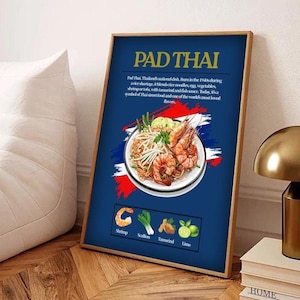 Pad Thai Wall Art Print | Thai Food Poster Kitchen Decor | Asian Cuisine Artwork | Dining Room Wall Art | Thai Noodle Recipe Illustration