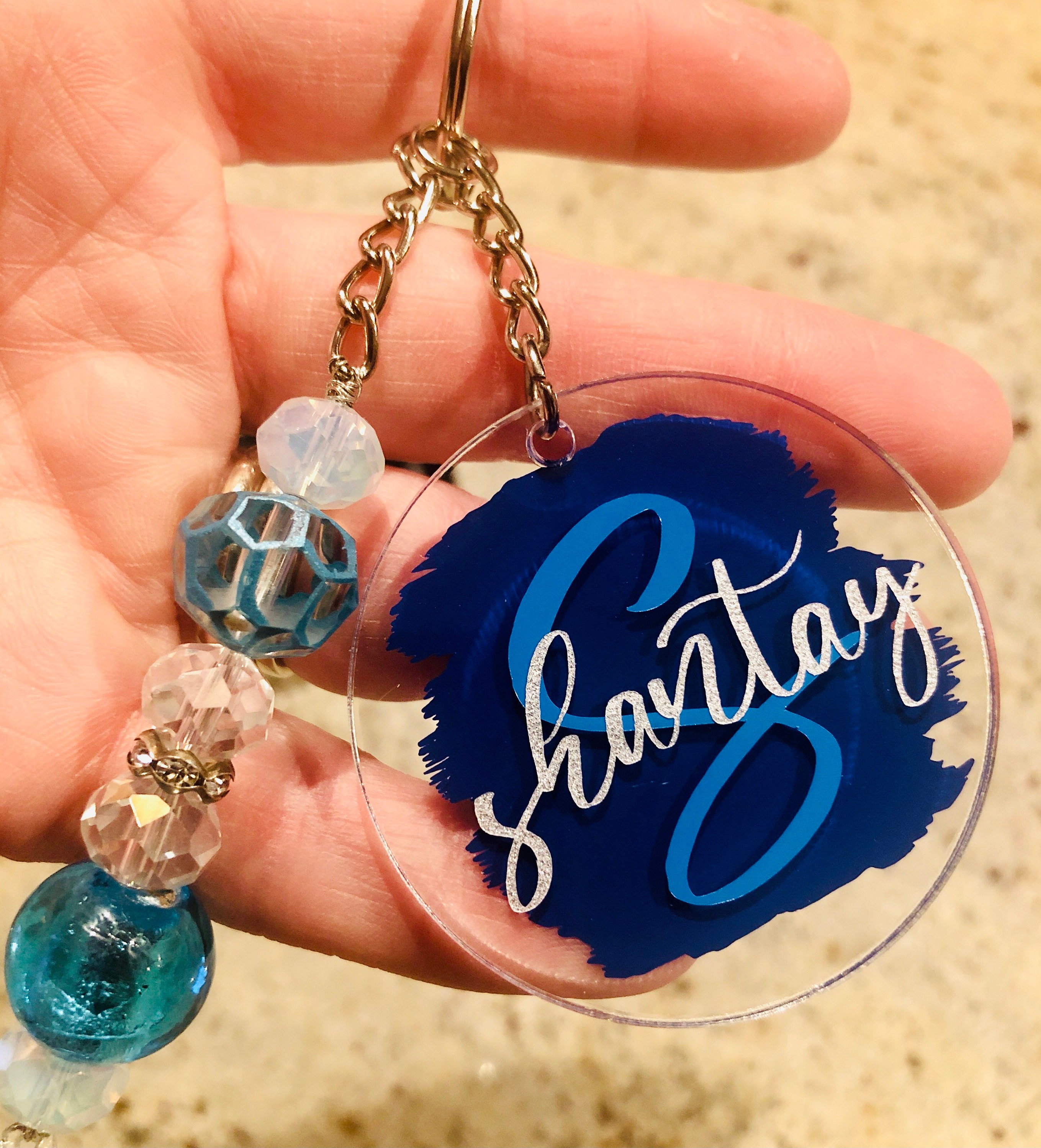 Personalized Acrylic Keychain With Beaded Charm Etsy