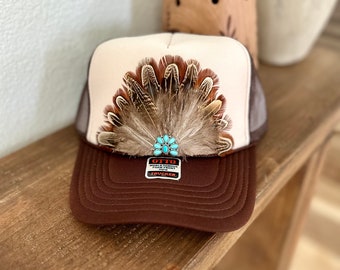 Feather Trucker Hat | trucker hat | custom trucker hat | trucker | feather | turquoise
