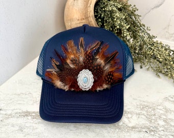 Feathered Hat | trucker hat | custom trucker hat | trucker | western | feather trucker hat