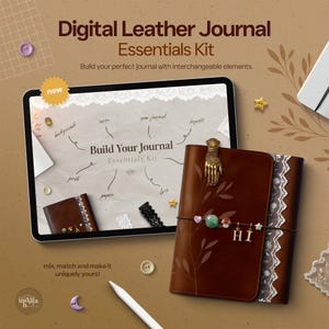 Puede incluir: Un kit esencial de diario de cuero digital mostrado en una pantalla de tableta junto a un diario de cuero marrón físico decorado con encaje blanco, un clip dorado en forma de mano y una banda elástica con cuentas y las letras H e I.