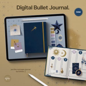 May include: A digital bullet journal displayed on a tablet, with a navy blue cover and gold accents. The image includes a stylus, decorative stars, and the text "Digital Bullet Journal." The journal is open to a spread with numbered sections and decorative elements.