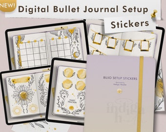Gold Celestial Digital Bullet Journal Setup Stickers, Goodnotes Stickerbook, Digital Bujo, Bullet Journal Template, Digital Stickerbook
