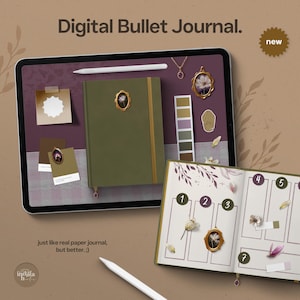 Puede incluir: Diario digital en tableta, con cubierta verde y detalles dorados. La pantalla muestra un diseño de diario con secciones numeradas y elementos florales. El texto dice "Digital Bullet Journal" y "just like real paper journal, but better.;)"