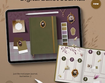 May include: Digital bullet journal on a tablet, with a green cover and gold accents. The screen displays a journal layout with numbered sections and floral elements. Text reads "Digital Bullet Journal" and "just like real paper journal, but better.;)"