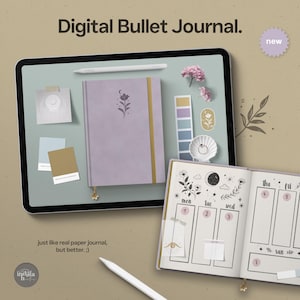 Könnte beinhalten: Eine digitale Bullet-Journal-App auf dem Bildschirm eines Tablets. Die App hat einen lilafarbenen Umschlag mit einem Blumenmuster und einen Wochenplaner mit einem Mond- und Sternenmuster. Der Text "Digital Bullet Journal" und "new" ist auf dem Bildschirm sichtbar.