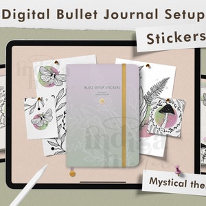 May include: Digital bullet journal setup stickers with a mystical theme. The stickers feature illustrations of moths, mushrooms, ferns, and other nature-inspired designs. The stickers are designed to be used in a bullet journal or planner.