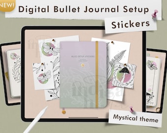 May include: Digital bullet journal setup stickers with a mystical theme. The stickers feature illustrations of moths, mushrooms, ferns, and other nature-inspired designs. The stickers are designed to be used in a bullet journal or planner.