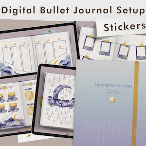 Peut inclure: Autocollants pour l'organisation d'un bullet journal numérique sur le thème de la lune et des étoiles. Les autocollants sont affichés sur l'écran d'une tablette numérique et sur une couverture de carnet. La couverture du carnet est violette et porte le texte "BUJO SETUP STICKERS" et "Indigo Healer".
