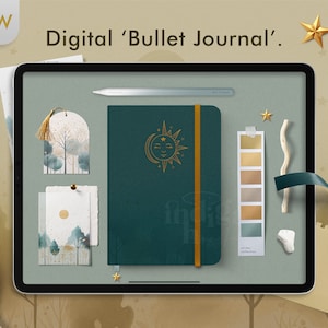 May include: A digital tablet screen displaying a mockup of a green journal with a gold sun and moon design. The journal is surrounded by digital stickers and a stylus. The text "Digital 'Bullet Journal'" is displayed above the journal.