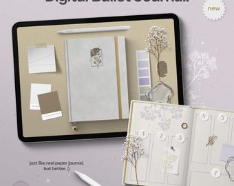 May include: A digital bullet journal displayed on a tablet, with a white notebook and stylus. The journal is open to a spread with numbered sections and decorative elements. The text "Digital Bullet Journal" is at the top.