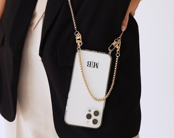 Spersonalizowane przezroczyste etui na iPhone'a ze złotym łańcuszkiem i inicjałami monogramu