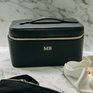 Personalised Black Saffiano Leather Vanity Case, Makeup Bag with monogram, Saffiano Leather cosmetic bag, Personalized gift for her, Travel image 3
