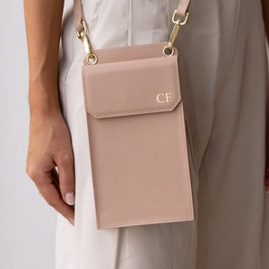 Personalised Leather Phone Bag, Monogram Crossbody Phone Purse, Leather Crossbody Phone and Passaport Bag, Women&#39;s Bag