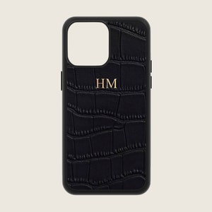 Funda para iPhone de piel de cocodrilo negra, piel saffiano con monograma