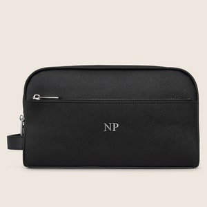 Personalised Wash Bag, Black Saffiano Leather, Makeup Bag with monogram, Saffiano Leather cosmetic bag, Personalized gift for him, Travel