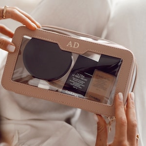Personalised Make up Bag with monogram, Saffiano Leather cosmetic bag, Personalized gift for her, Clear Cosmetic Travel Bag