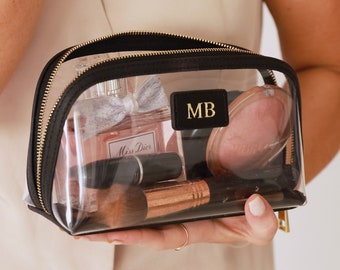 Personalised Make up Bag with monogram, Saffiano Leather cosmetic bag, Personalized gift for her, Clear Cosmetic Travel Bag