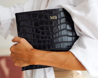 Black Personalised Leather Croc Clutch Bag, Monogram Pouch Bag, Girft for Her, Bridesmaid Gift, Leather Bag