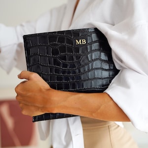 Black Personalised Leather Croc Clutch Bag, Monogram Pouch Bag, Girft for Her, Bridesmaid Gift, Leather Bag image 1