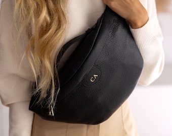 Sac banane en cuir personnalisé, noir, cuir véritable, sac à bandoulière, sac banane en cuir véritable, sac en cuir