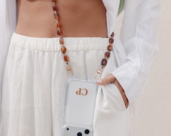 Personalized Clear iPhone Case with Brown Beaded Chain Strap