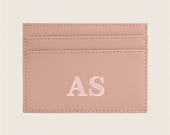 Porte-carte en cuir Saffiano monogrammé personnalisé, nu et rose, cuir véritable, titulaire initial de la carte, cadeaux pour elle