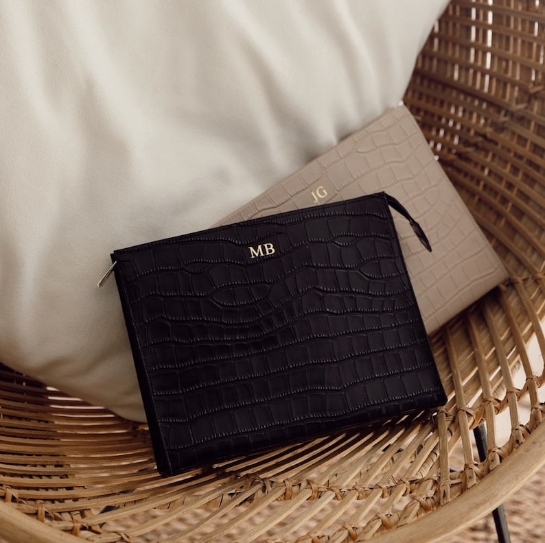 Black Personalised Leather Croc Clutch Bag, Monogram Pouch Bag, Girft for Her, Bridesmaid Gift, Leather Bag image 5