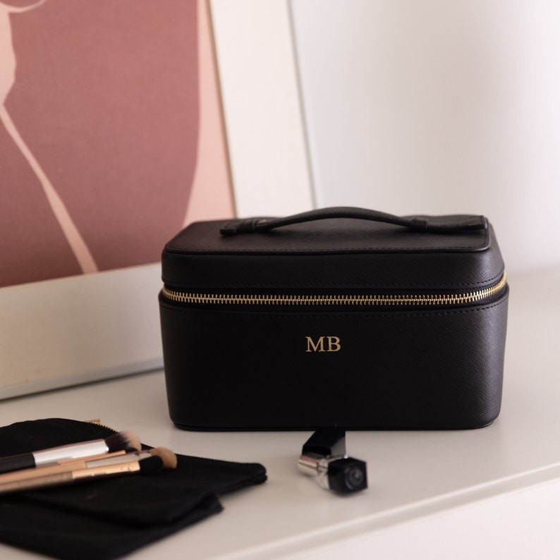 Personalised Black Saffiano Leather Vanity Case, Makeup Bag with monogram, Saffiano Leather cosmetic bag, Personalized gift for her, Travel image 2