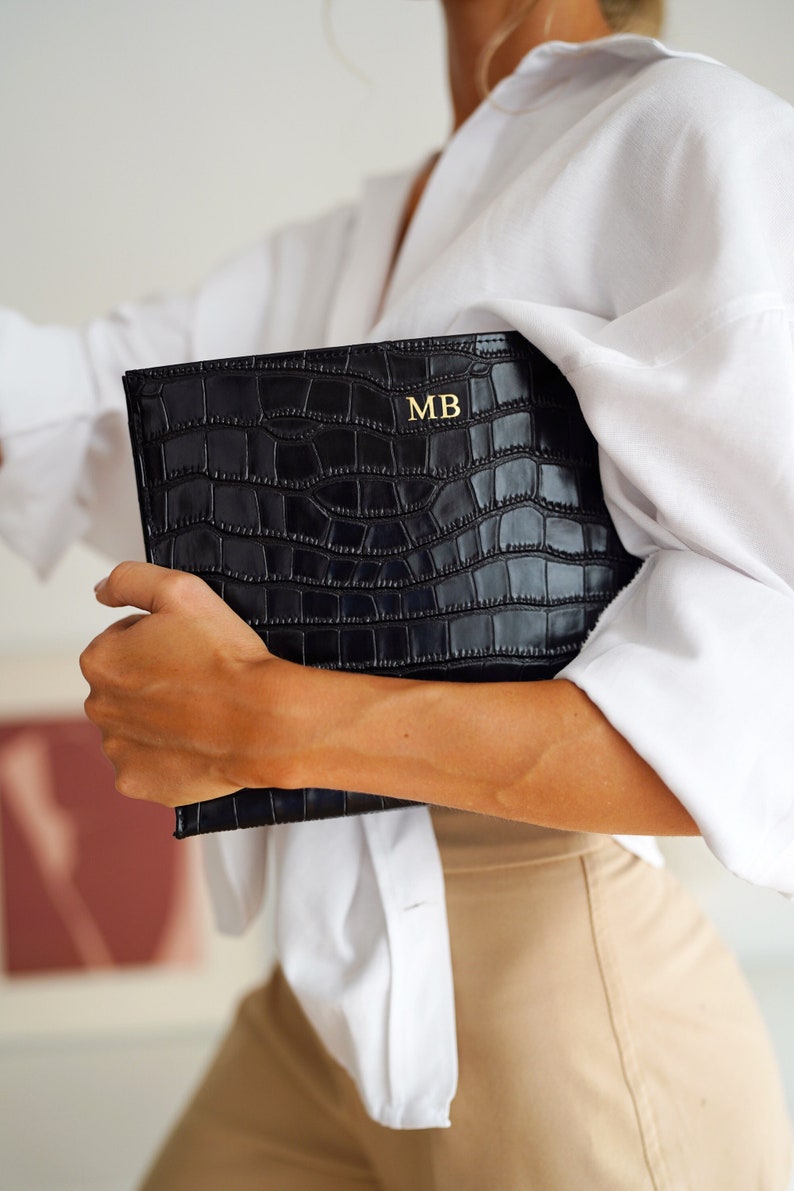 Black Personalised Leather Croc Clutch Bag, Monogram Pouch Bag, Girft for Her, Bridesmaid Gift, Leather Bag image 1