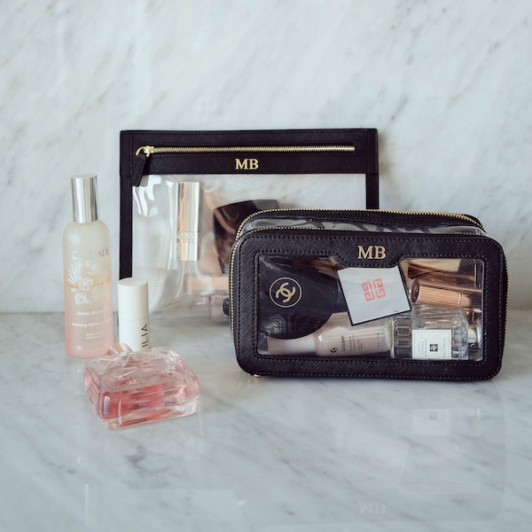 Personalised Set Make up Bag with monogram, Saffiano Leather cosmetic bag, Personalized gift for her, Clear Cosmetic Travel Bag